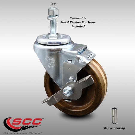 Service Caster 4 Inch SS High Temp Phenolic Swivel 3/8 Inch Threaded Stem Caster with Brake SCC SCC-SSTS20S414-PHSHT-TLB-381615